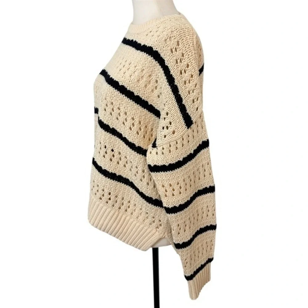 Reitmans Cream Navy Blue Medium Striped Pointelle Knit Cotton Sweater - Picture 5 of 8